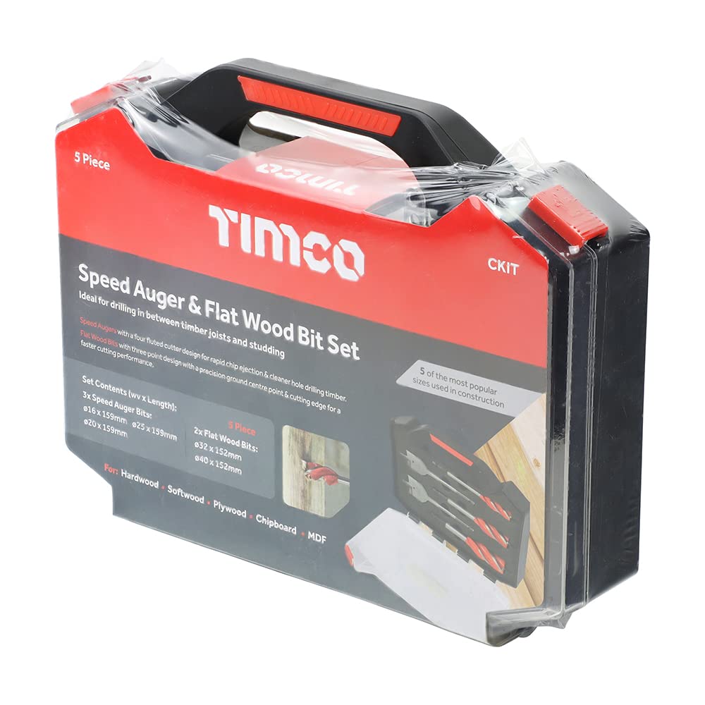 TIMCO Carpenter's Speed Auger & Flat Wood Bit Kit - 5pc