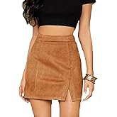 Womens Faux Suede Bodycon Mini Skirt High Waist Side Split Fall Winter Skort Skirts