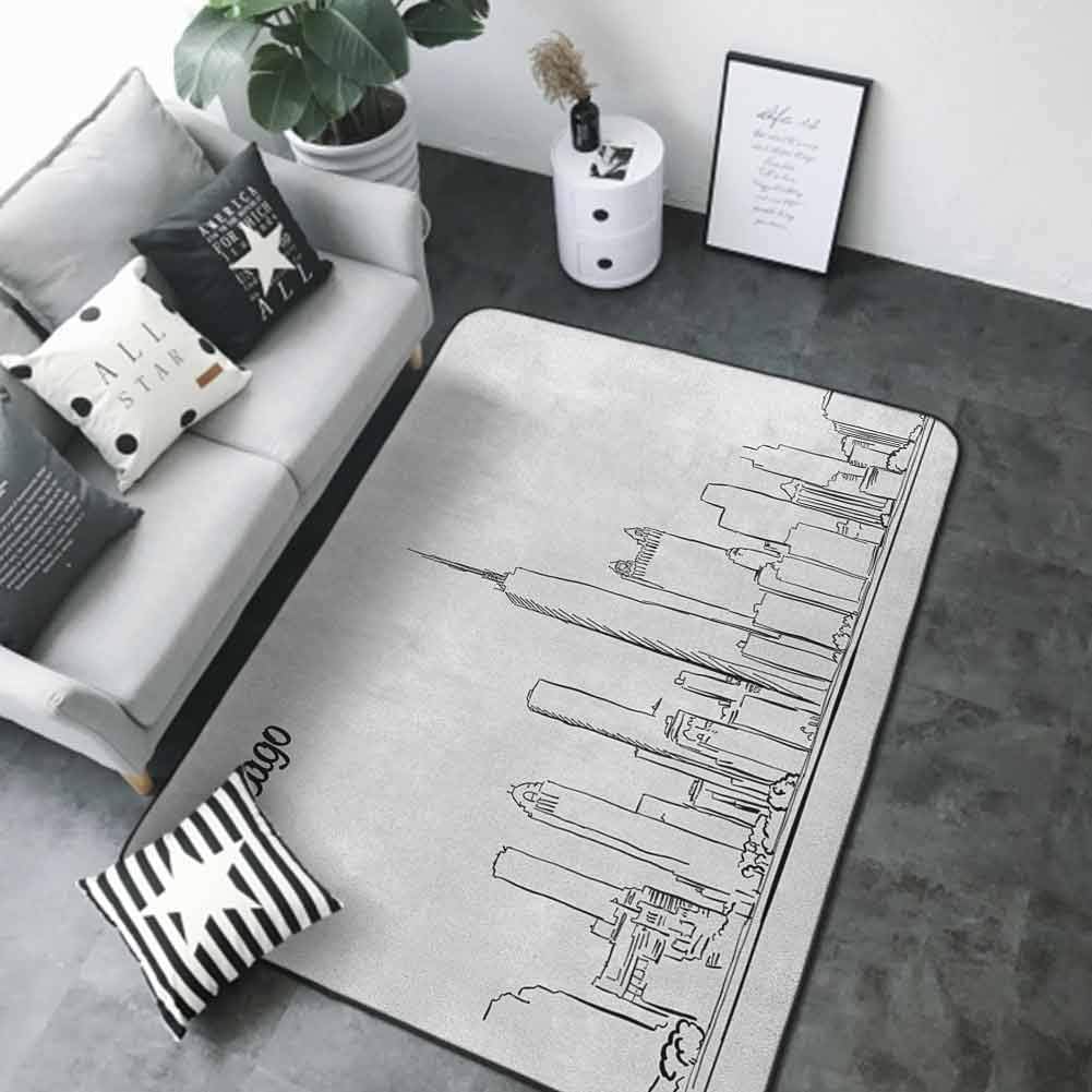 Bath Mat Set Kitchen Door Chicago Skyline,Hand Drawn City Silhouette Downtown Free Hand Sketch of Panoramic Landmark, Black White 36"x 60" Rugs for Living Room