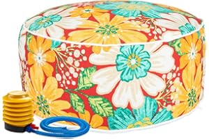 Magpie Fabrics Indoor/Outdoor Inflatable Stool Ottoman Pouf, Water Repellent Round Footrest Footstool with Foot Pump D20 xH9, Portable for Patio Garden Camping, Embry Red Hibiscus