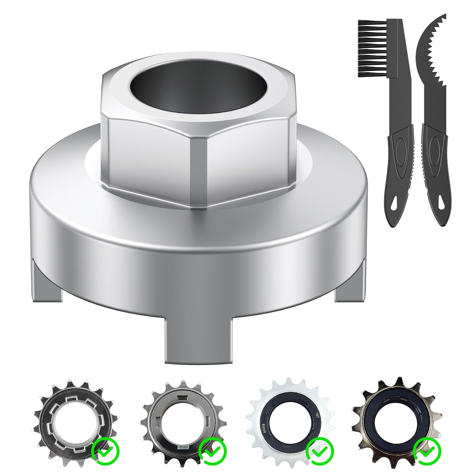 Photo 1 of Pawfly Bike Single Speed Freewheel Removal Tool with Sprocket & Chain Cleaning Brushes, 4 Notch Sprocket Puller Tool, BMX Bicycle Freewheel Remover, One-Speed Freewheel Disassembly Tool, Silver