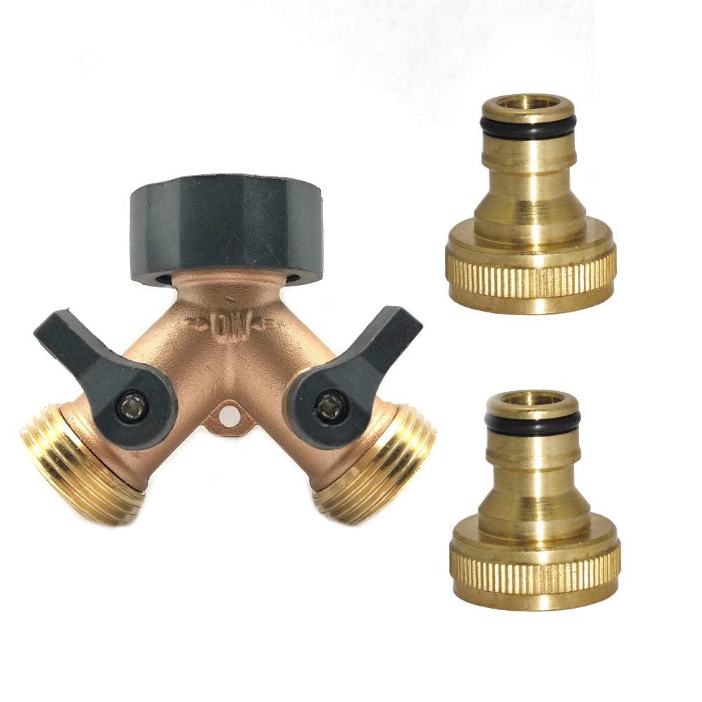 Generic Brands Brass Garden Hose Splitter 3 Piece Set Heavy Duty Brass Connector Y Valve Two Way Brass Tap Manifold with Individual On/Off Valves for 3/4 Inch Taps