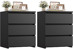 FOTOSOK Nightstand Set of 2 Black Nightstand with 3 Drawers, Black Bedside Table Night Stand for Bedroom with Cut-Out Handle, Sofa Side Table 3 Drawer Nightstand for Bedroom, 17.7W*15D*21.7H