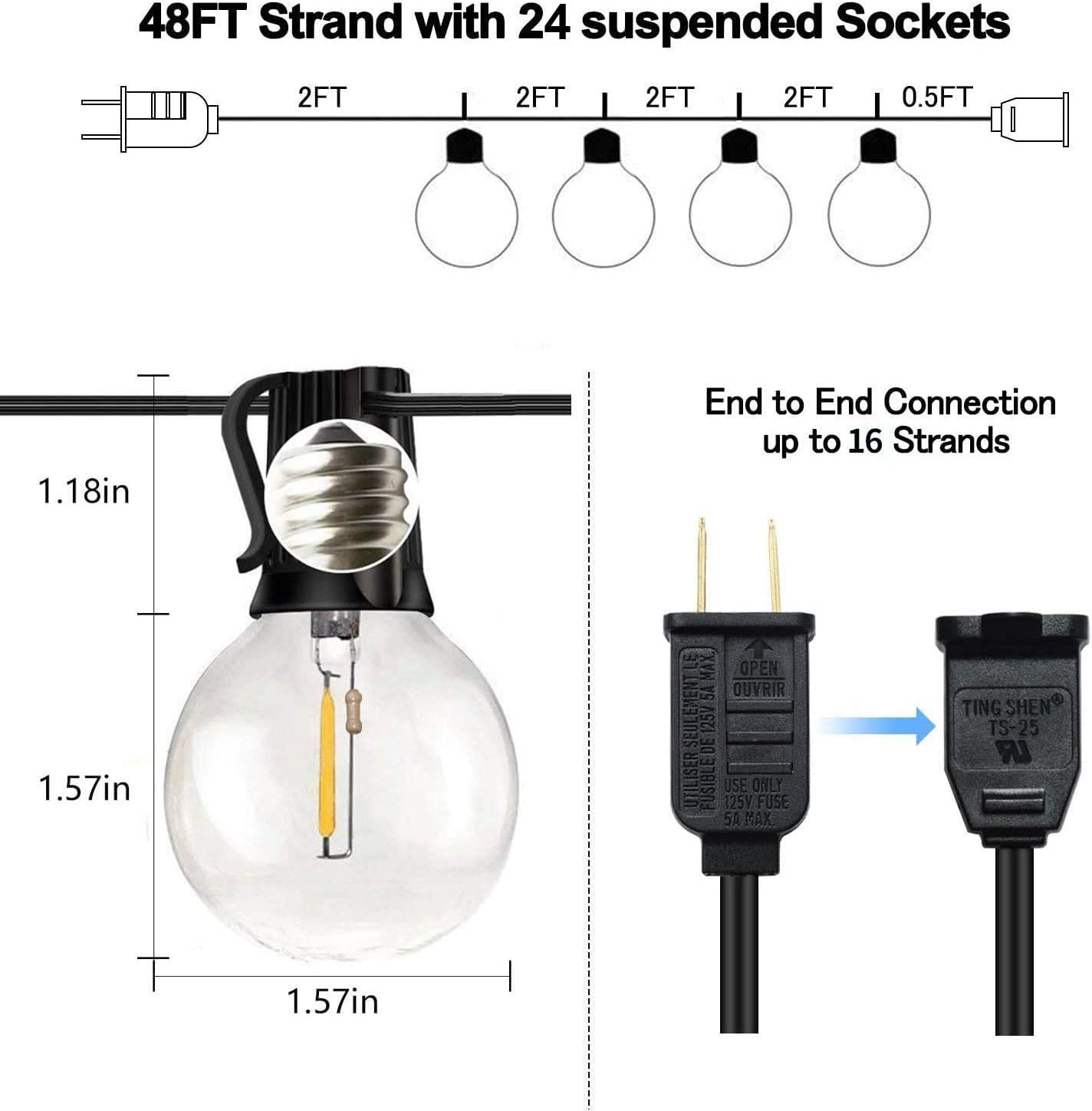 48ft SUNTHIN G40 LED String Lights 2700K Globe Hanging Loops 24Pcs E12 Sockets and 25 G40 1 Watt Bulbs Included 1 Spare 2ft Spacing Indoor Outdoor Patio Lights UL ETL Listed Waterproof: Home Improvement