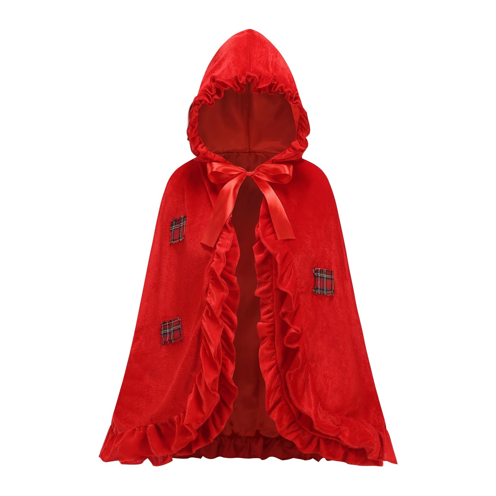 maxToonrain Red Riding Hood Cape Hooded Red Cape Cloak Adult Velvet Little Riding Hood Costumes Fairytale Character Halloween World Book Day Outfit for Women (Ruffled Trim & Patches,65cm)