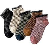 SOFREELIU 5Pcs Ruffle Striped Frilly Socks Cute Checkered Ankle Sock for Women Lace No Show Socks Womens Cotton Knit Casual Crew Sock Size 5-9