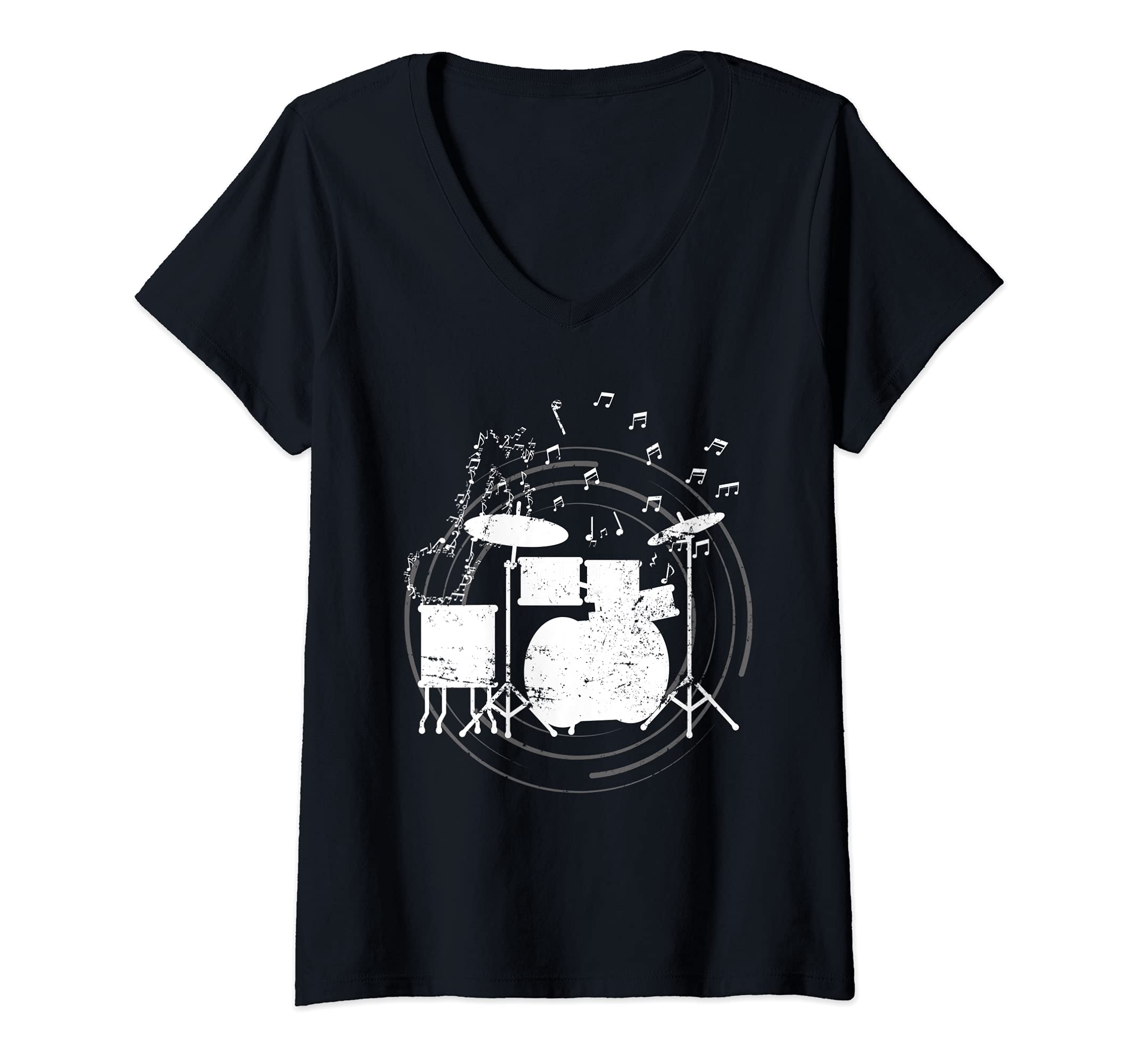 Womens Percussion Musician Drummer Drum Set Music Notes Drums V-Neck T-Shirt