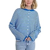 Esmeling Women Button Down Striped Cardigan Crew Neck Long Sleeves Sweater Open Front Knit Outerwear