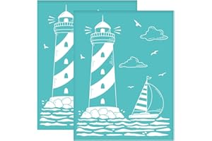 OLYCRAFT 2pcs 8.6x11 Inch Self-Adhesive Silk Screen Stencils Lighthouse Sailboats Reusable Silkscreen Printing Stencils Seagulls Cloud Sea Mesh Transfer for Painting on Wood T-Shirts Bags