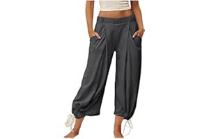 Women's Wide Leg Harem Pants High Elastic Waisted Casual Cropped Trousers with Pockets Baggy Drawstring Summer Pant