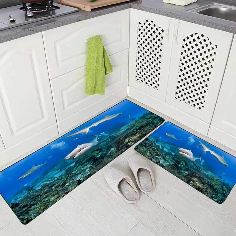 Musesh 2 Pieces Kitchen Rugs and Mats Non Skid Washable Tiger Shark from The Front with Reef Sharks in Clear Blue Water and Kitchen Rug Set 17"X48"+17"X24" Kitchen Carpets and Rugs Modern Kitchen Rug