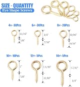 GLARKS 100pc Brass Plated Lag Eyebolts Screw Hooks Assortment Set 6 Sizes view 2