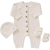 YIXPOH Organic Cotton Baby Sweater Knit Romper Hat Booties 3 Piece Newborn Infant Set LongSleeve Cute Outfit Boy Girls Clothe
