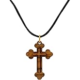 Most Original Gifts Certified Bethlehem Made Wooden Cross (Olive Wood) Budded Cross Pendant on Black Cord Necklace in Natural Cotton Pouch - 24" Adjustable Wood Cross Necklace for Men & Women