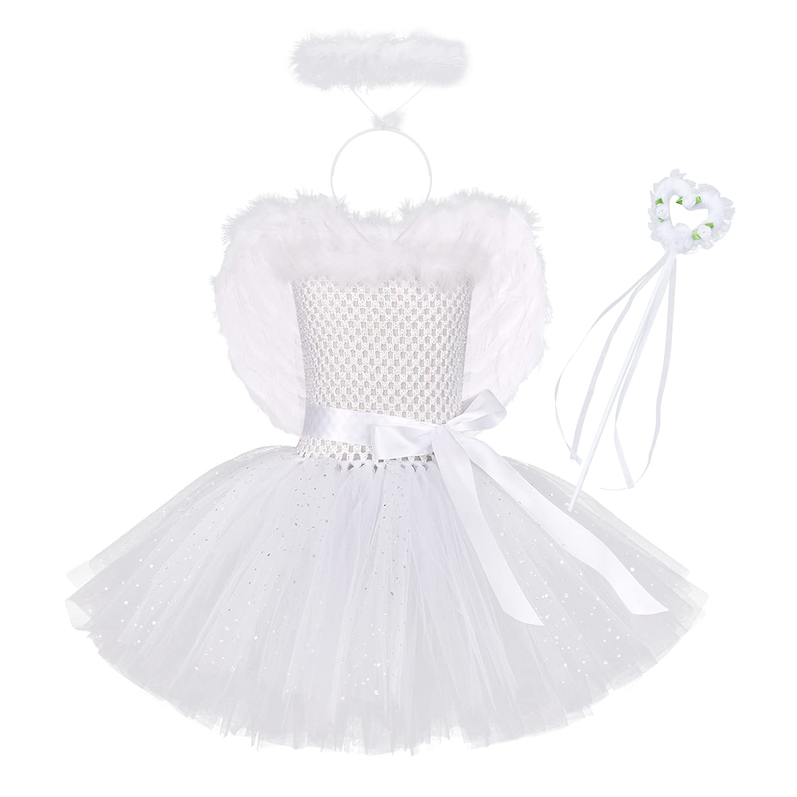 FYMNSI Kids Baby Girl Angel Costume Princess Tutu Tulle Dress Halo Headband White Feather Wings Fairy Wand Set for Halloween Costume Carnival Cosplay Christmas Eve Stage Performance White 7-8 Years