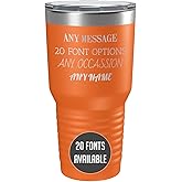 Personalized 30oz (17 Colors) Powder Coated Insulated Stainless Steel Tumbler with Lid, Custom Etched, Customized Text Message Name, Engraved Gift Idea Women Men Him Her, Your Text Here (Orange)