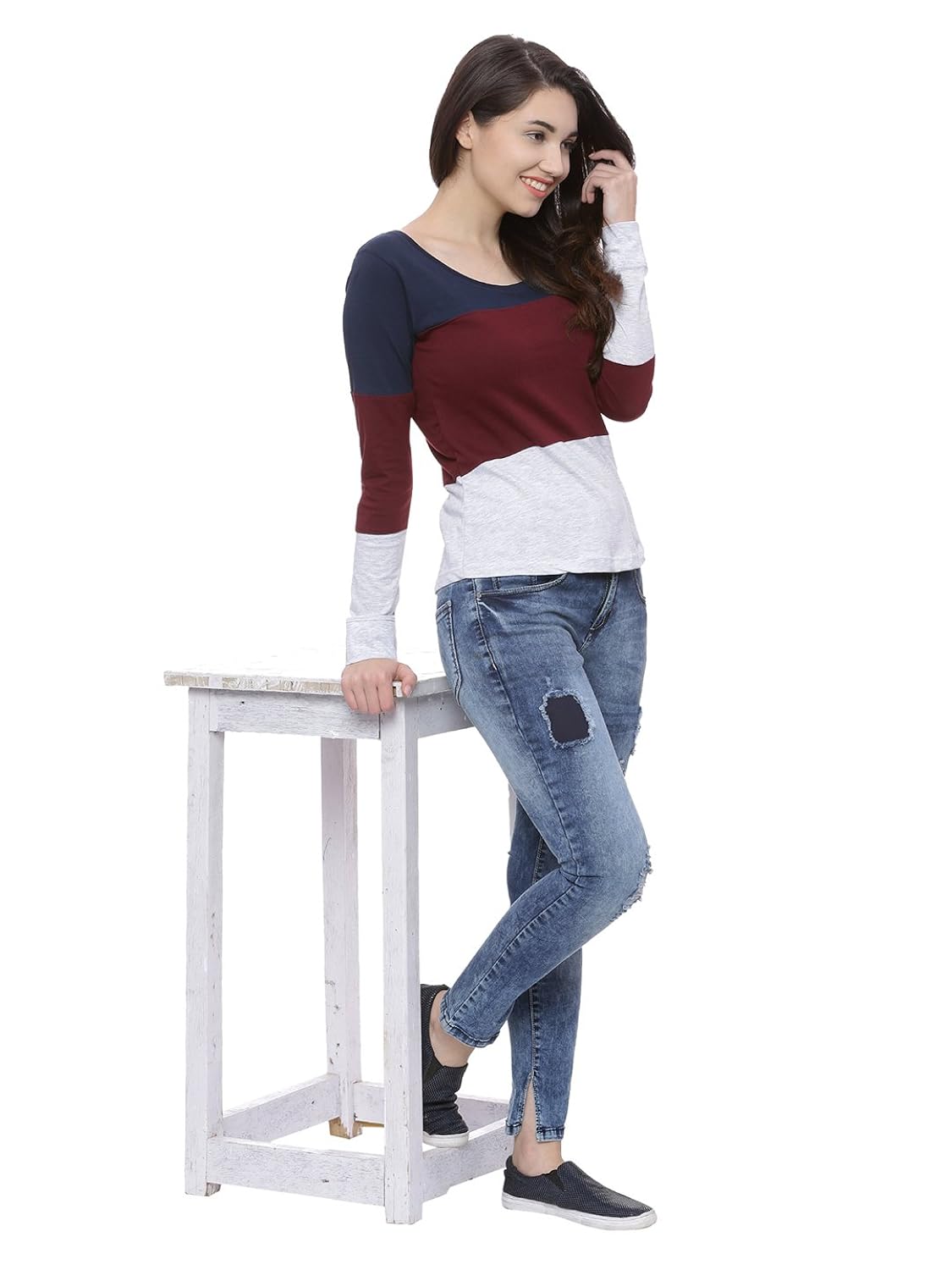 the dry state women's cotton navy blue multi panel full sleeves tshirt
