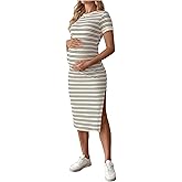 RoseSeek Women's Casual Striped Maternity Dress Short Sleeve Sleeve Split Thigh Bodycon Dresses Pregnancy Clothes