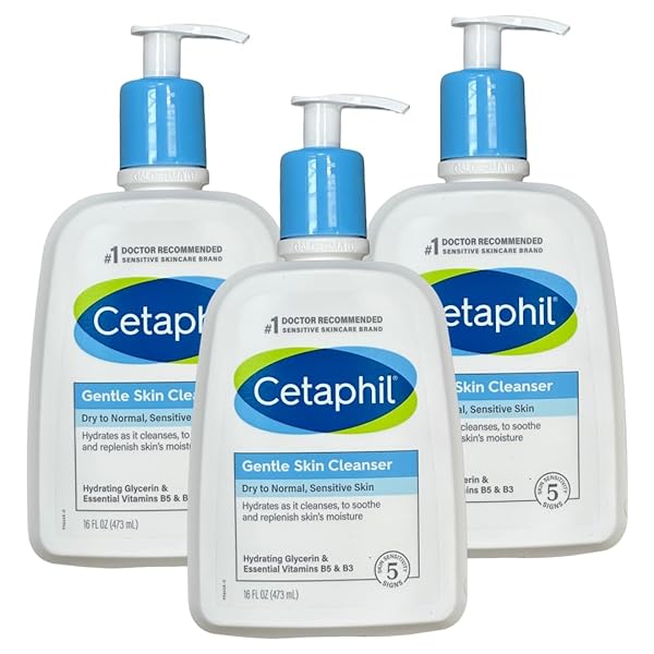 CETAPHIL GENTLE SKIN CLEANSER, HYDRATING FACE WASH FOR DRY TO NORMAL SENSITIVE SKIN, WITH HYDRATING GLYCERIN, VITAMINS B5 AND B3 FRAGRANCE FREE AND PARABENS FREE – 16 OZ BOTTLES (PACK OF 3).