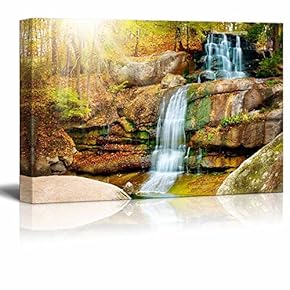 Canvas Prints Wall Art - Beautiful Scenery/Landscape Waterfall in Forest in Autumn | Modern Wall Decor/Home Decoration Stretched Gallery Canvas Wrap Giclee Print & Ready to Hang - 12" x 18"