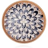Shellac Rattan Tray with Mother of Pearl Inlay, Round Decorative Serving Tray for Home Décor Coffee Table Storage and Display, 100% Natural Materials - Ottoman Tray Black 12"