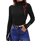 Hyipels Women's Turtleneck Sweater Long Sleeve Fitted Lightweight Soft Knit Pullover with Metal Buttons