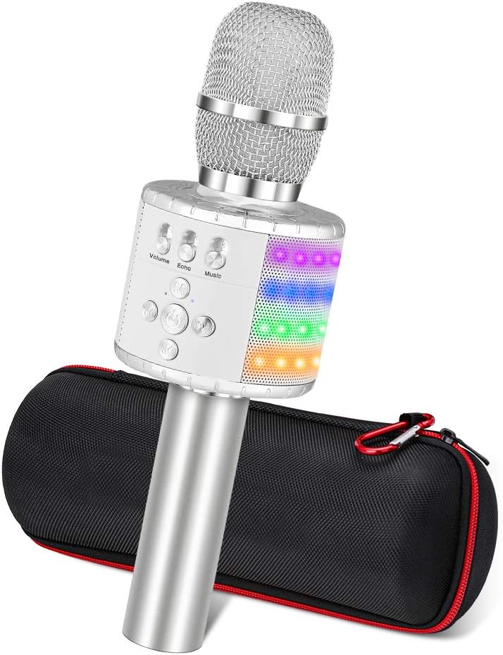 Ankuka Karaoke Wireless Microphones Speaker, 4 in 1 Handheld Bluetooth Microphone Home KTV Player with Portable Case, Superior Audio Quality for Singing Recording, Compatible with Android/iOS, Silver