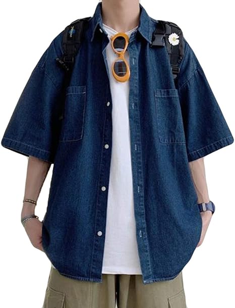 Amazon シジャァーノ デニムシャツ メンズ 韓国風ファッションシャツ ｇジャン プルオーバー 半袖シャツ スクール ゆったり 上着 アウター ワイシャツ アウトドア かっこいい シャツ 通販