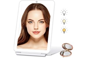 YUVIKE Travel Makeup Mirror, Vanity Mirror with Lights, 56 LED Vanity Mirror, Dimmable Touch Screen, 3 Colors Modes, 2000mAh Batteries, Portable Lighted Makeup Beauty Mirror, Travel Essentials (White)