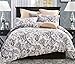 Word of Dream Cotton Duvet Cover Sets Full Queen Size, Grey Floral Pattern Printed Soft Comforter Bedding Duvet Cover with Zipper Closure Corner Ties, 3 Piece (1 Duvet Cover + 2 Pillow Shams)