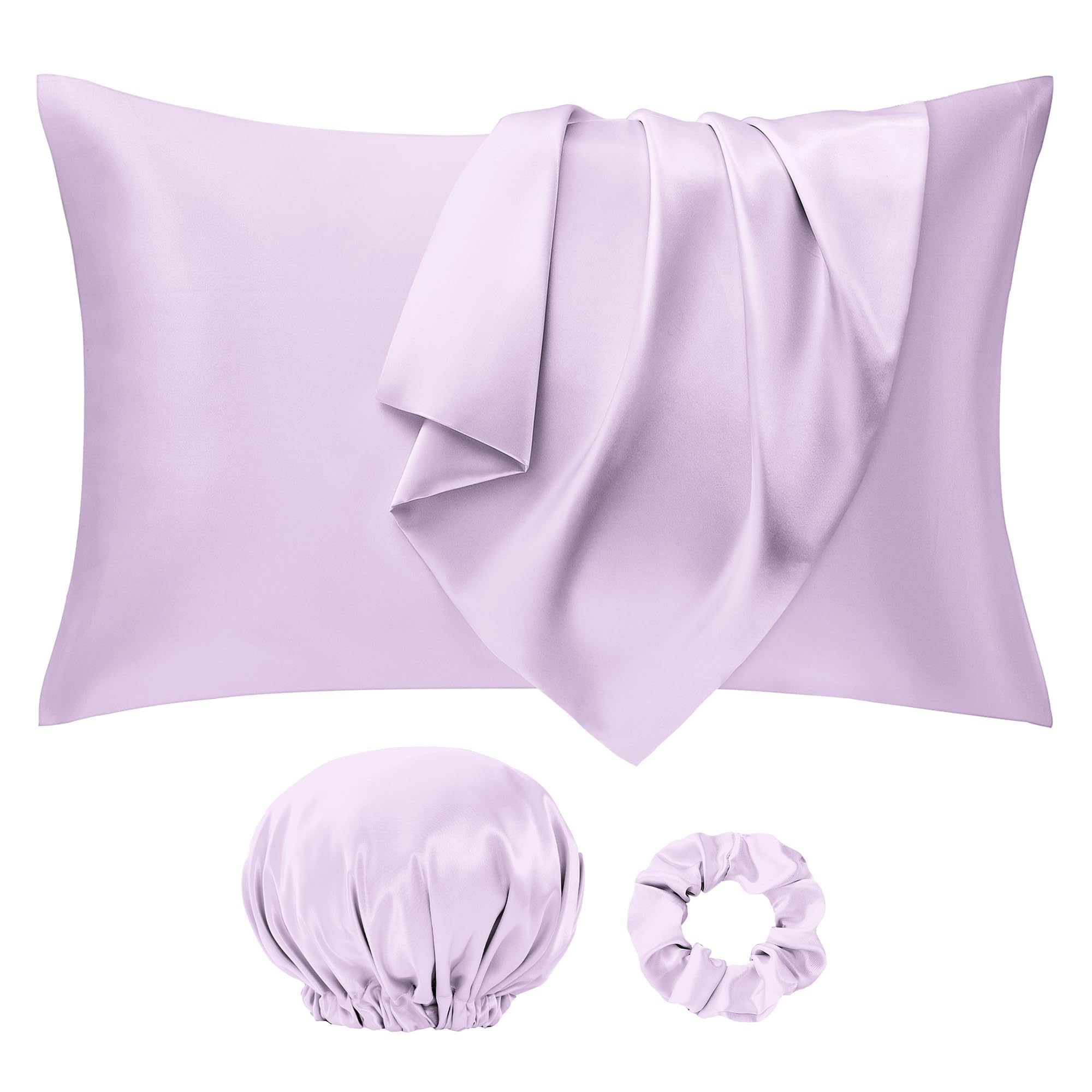 Seiwohl Silk Satin Pillowcase Soft as Silk Pillowcases for Hair and Skin Lavander Pillow Cases 2 Pack with Satin Scrunchies and Bonnet for sleeping, Cooling Pillow cases Envelope Closure, 50x75 cm