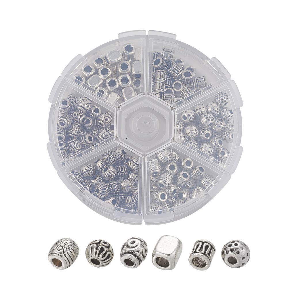 Craftdady 180Pcs 6 Styles Antique Silver Metal Spacer Beads Tibetan Vintage Barrel Column Tube Round Cuboid Rondelle Loose Pony Charm Beads for Jewelry Making