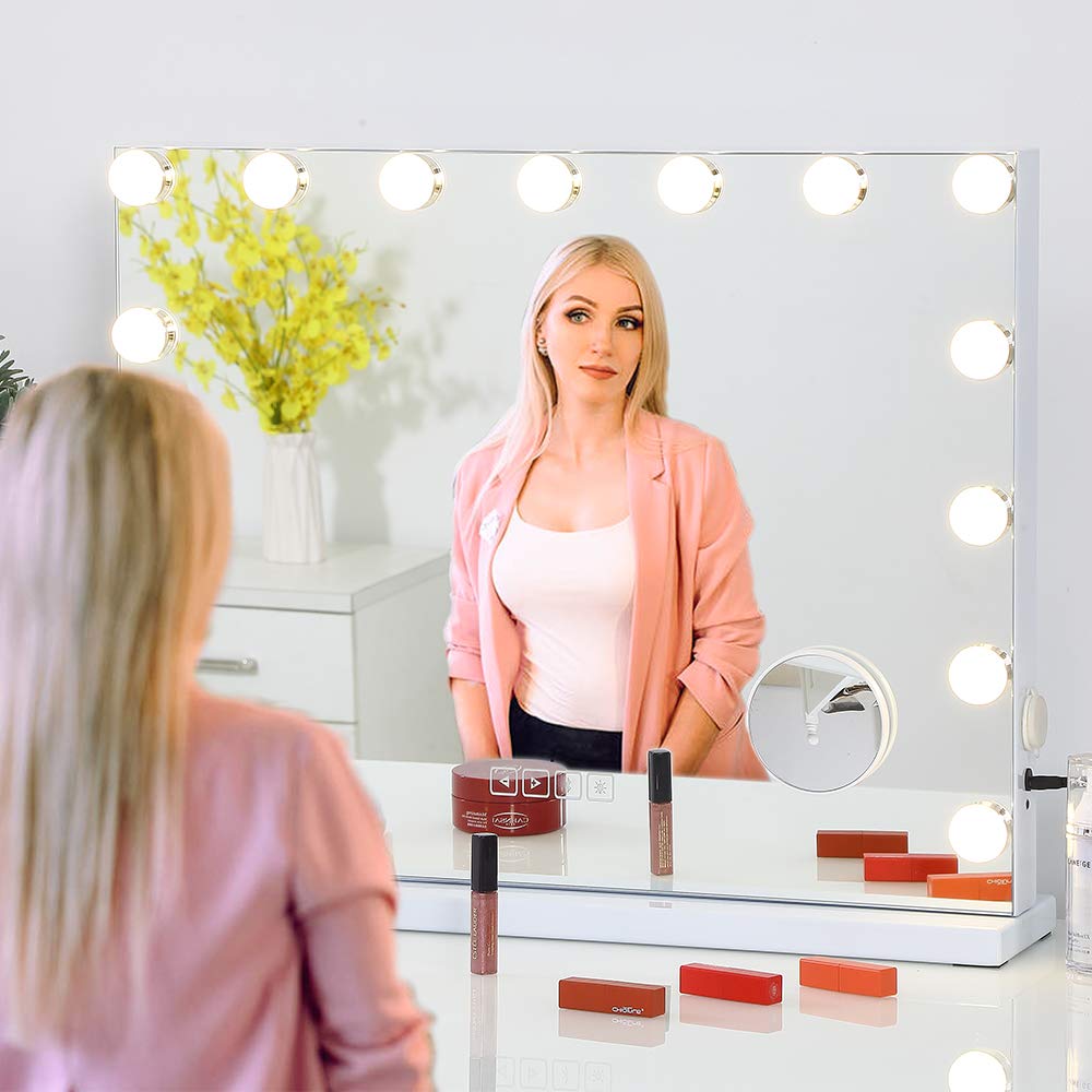 FENCHILIN Large Vanity Mirror with Lights, Hollywood Lighted Makeup Mirror with 15 Dimmable LED Bulbs for Dressing Room & Bedroom, Tabletop or Wall-Mounted, Slim Metal Frame Design, White : Beauty