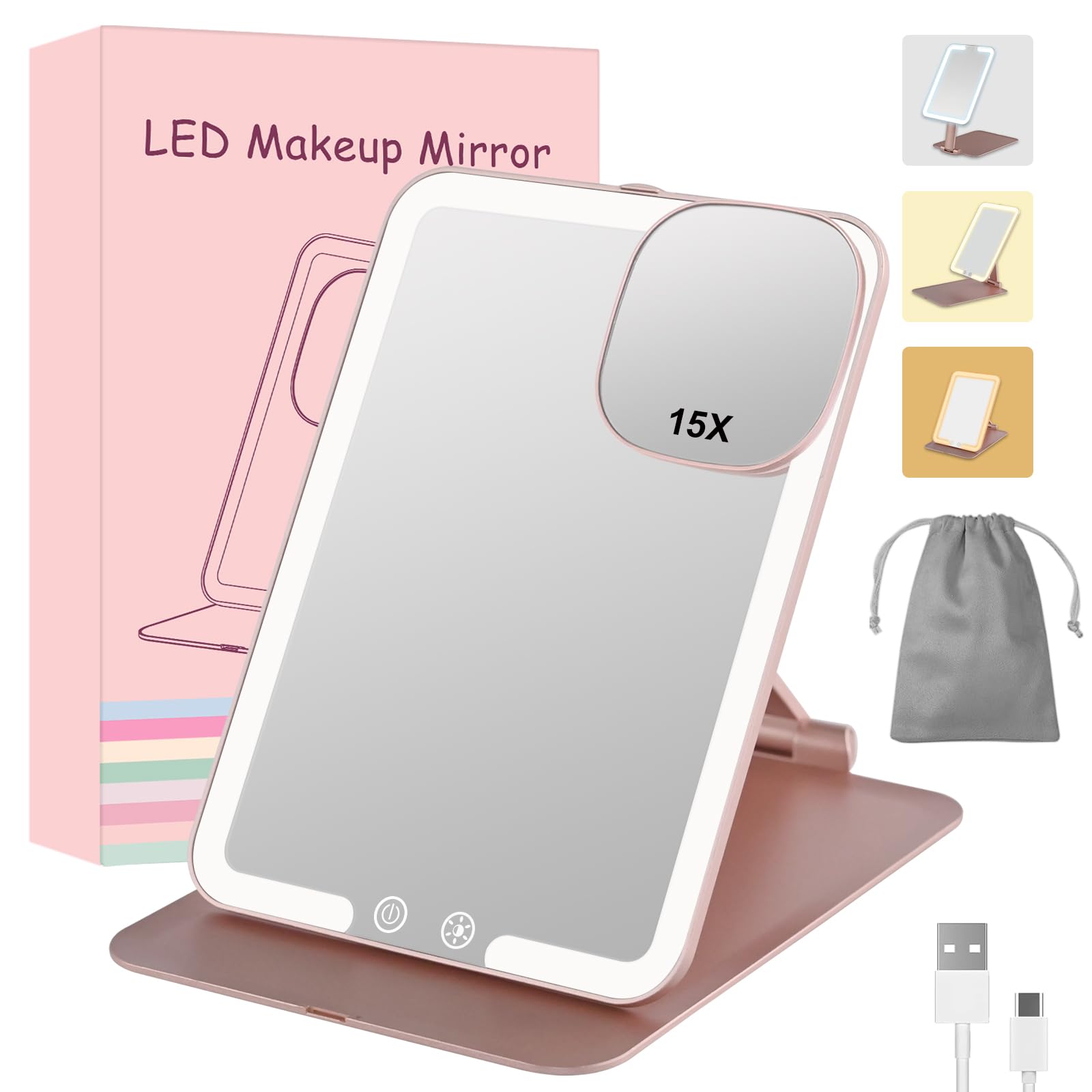 Rechargeable 1500mAh Travel Makeup Mirror with Lights,Portable 1X Vanity Mirror with 15X Magnifying Mirror,Folding Lighted Cosmetic Vanity Mirror with Adjustable Stand,3 Color Lighting,Dimmable