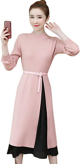 ｊｑｂｆｌワンピース レディース ニットワンピース ロング 長袖 フレアワンピース 秋冬 セーター ハイネック ニット ワンピ 切り替え プリーツ きれいめ ベルト付き おしゃれ Aライン 通勤 ワンピース チュニック 通販 Amazon