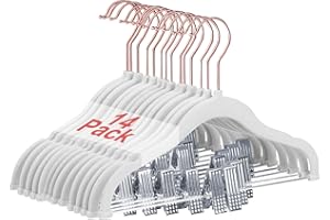 Wellong Baby Hangers with Clips, 14 Packs Kids Velvet Clothes Hangers, Heavy-Duty Childrens Pant Hangers for Shirts, Pants, Skirts, Dresses, Jackets, Coat White - Rose Gold Hook