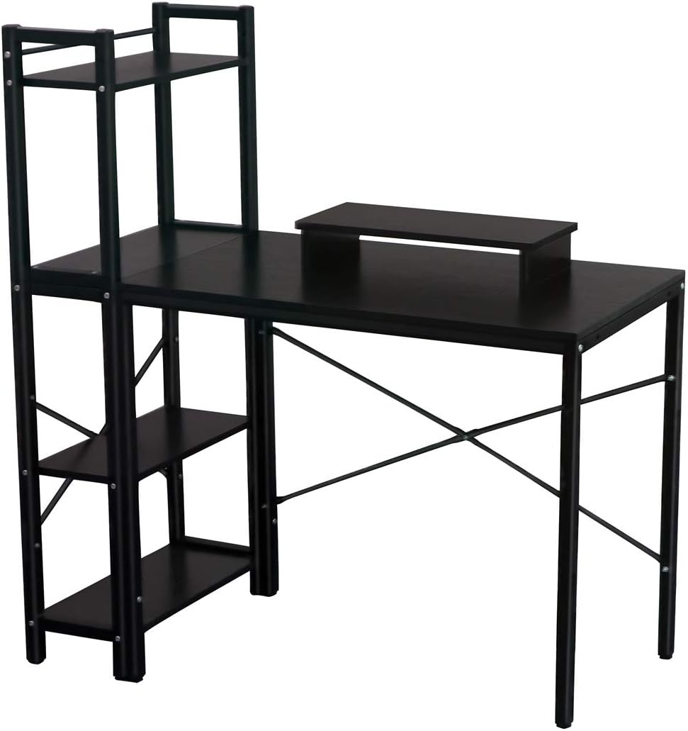 Computer Desk, LASUAVY Computer Desk with Shelves, Multipurpose Study Desk with Bookshelf, Writing Desk with 4 Tier Bookcase for Home Office (Black Computer Desk with Shelves)