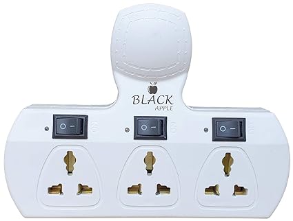 Black Apple 3+3 Multiplug with Individual Switches, Led Indicators & Fuse (Three Pin Plug)