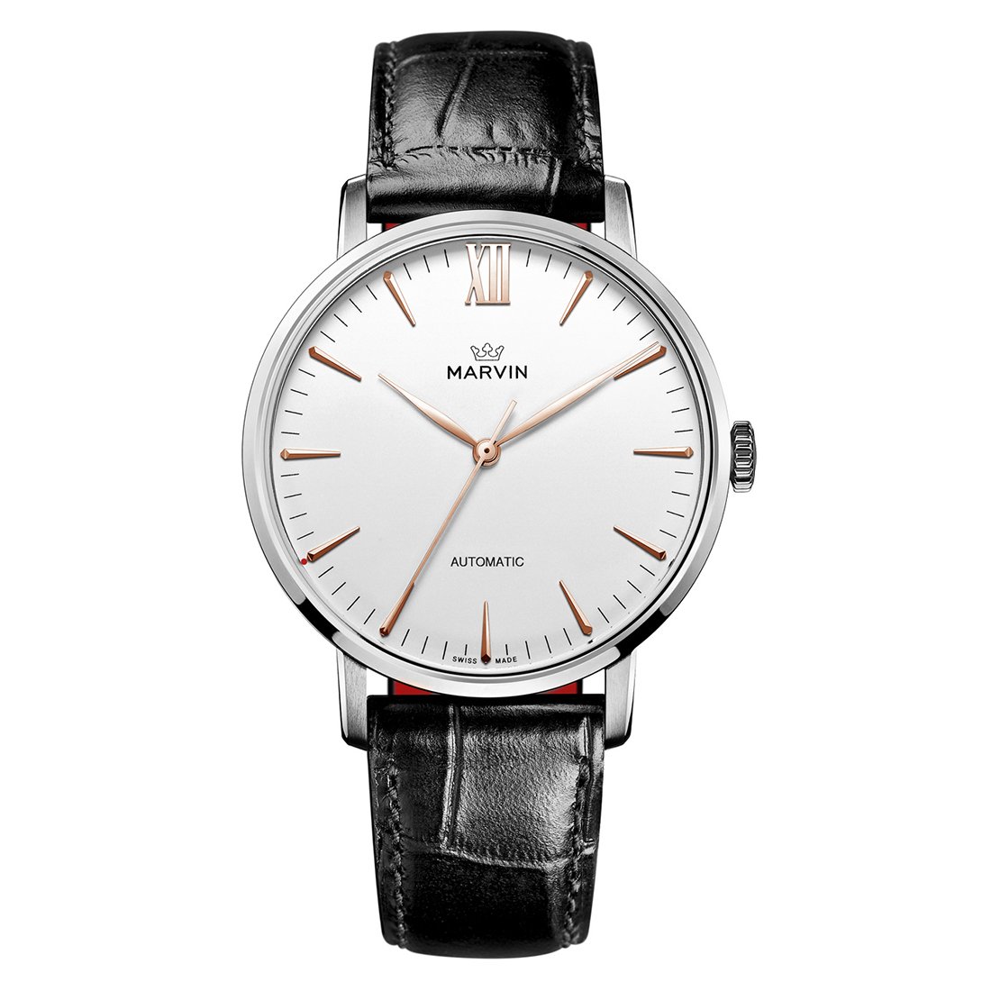 Swiss-Made-Marvin-Automatic-Men-Watches-with-White-Dial-and-Rose-Gold-PVD-Indexes