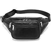 Genuine Leather Large 7 Pocket Waist Pack with Organizer, Card Slots (Black)