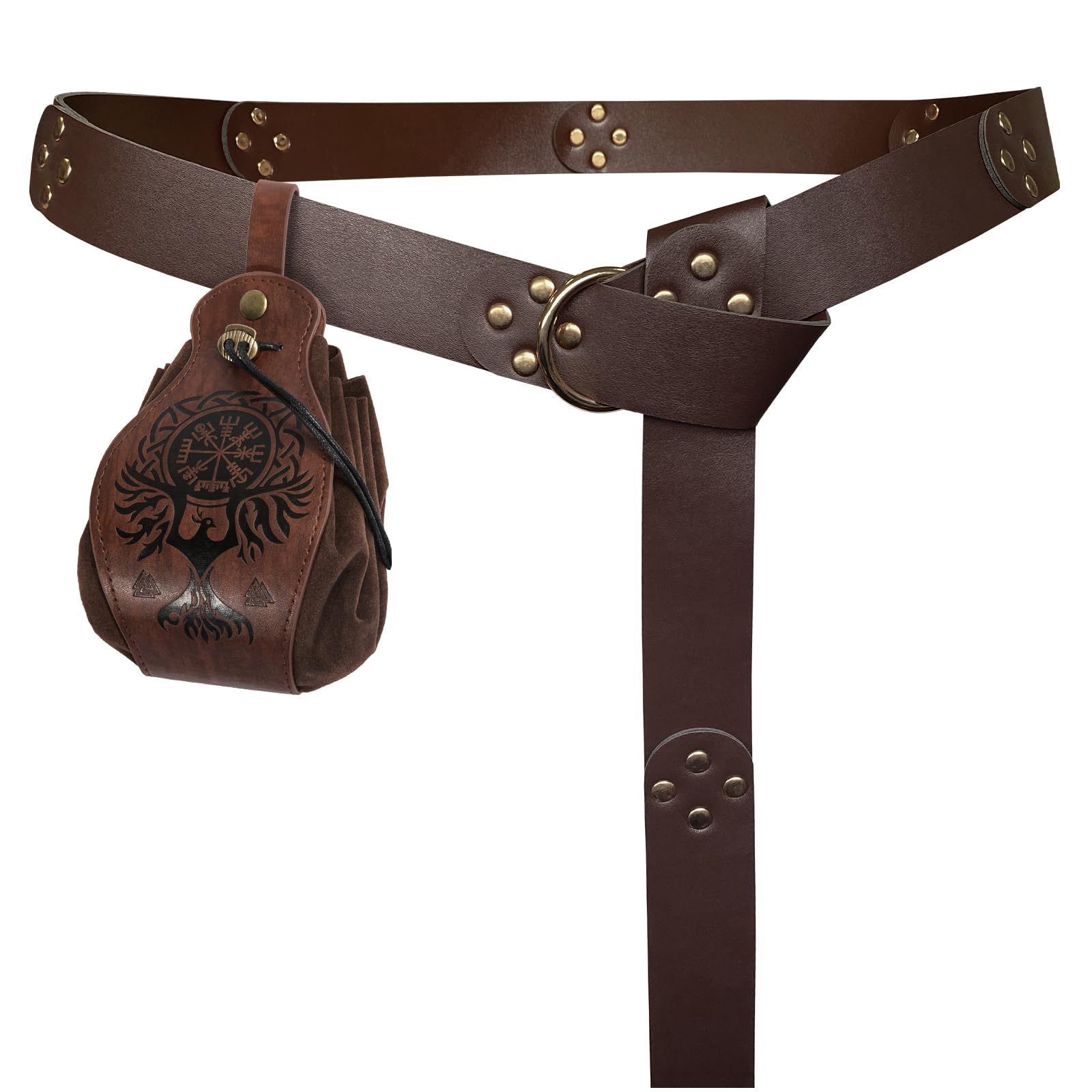HiiFeuer Medieval Rivets Belt with Portable Phoenix Drawstring Pouch, Retro Renaissance Faux Leather Belt and Purse Set for LARP (Brown A)