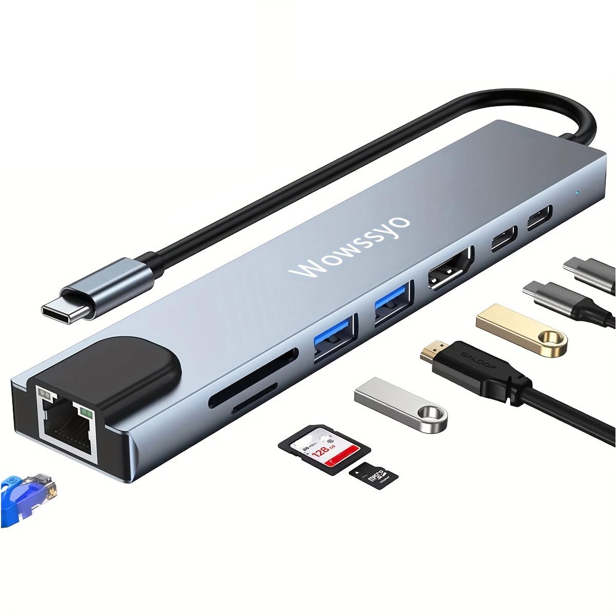 Wowssyo 8 in 1 USB C Ethernet Hub, USB C Docking Station, Multiport USB Hub, HDTV 4K, PD 100W, USB 3.0, SD/TF, USB-C, MacBook M1 Air Pro Adapter for iPad, Switch, Chromecast, Mobile Phone and More