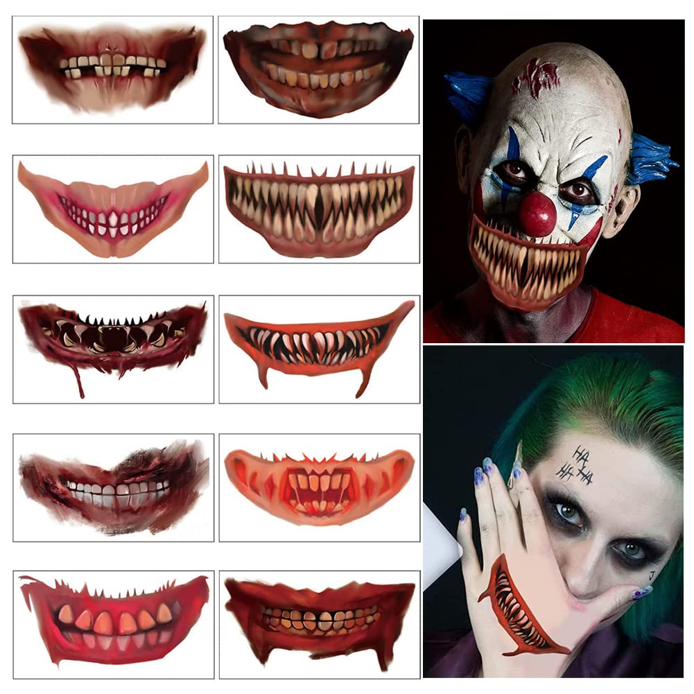 10 Sheets Halloween Temporary Tattoos Scary Mouth Tattoo Stickers for Prank Party Props Horror Cosplay Costume Makeup Props For Halloween Cosplay Decorv.