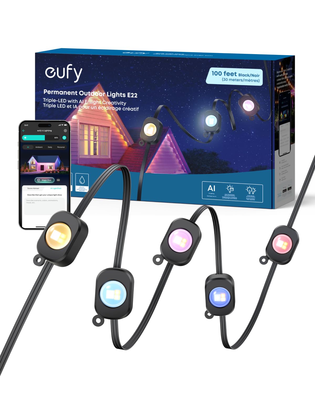 Photo 1 of eufy Permanent Outdoor Lights E22, 100ft with 60 Triple-LED Lights, Smart RGBWW, Daily and Holiday, Up to IP67 Waterproof, AI Lighting Themes for Halloween, Christmas, Links with Cameras, Black