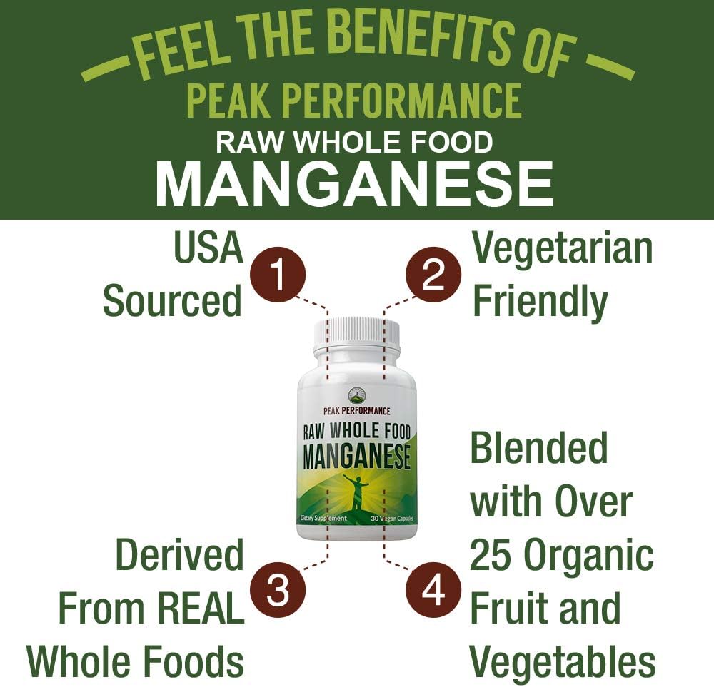 Raw Whole Food Manganese Supplement - Pure Trace Mineral Capsules for Connective Tissue, Bone Health and Enzyme Support. Blended with 25+ Organic Vegetables and Fruits. Superior Absorption. 30 Pills: Health & Personal Care