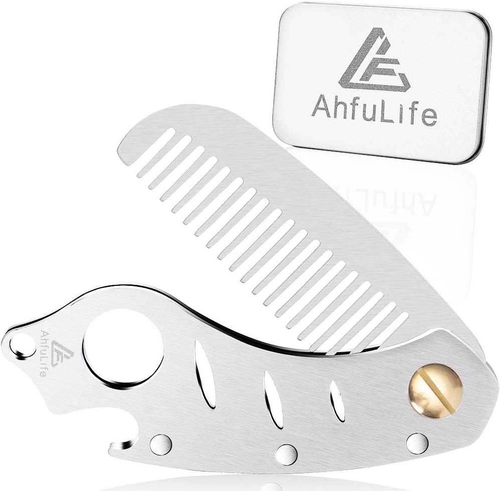 Metal Folding Beard Comb for Men AhfuLife Moustache Pocket Foldable Comb With Bottle Opener Fits in Keychain