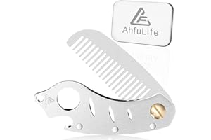 AhfuLife Stainless Steel Metal Hair & Beard Comb, Multifunctional Folding EDC Pocket Comb With Bottle Opener Fits In Keychain - Anti-Static Hair & Beard Care Comb Mustache Comb - Presented in Gift Box
