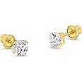 10k Yellow Gold Basket Round CZ Cubic Zirconia Solitaire Children Stud Screwback Baby Girls Earrings