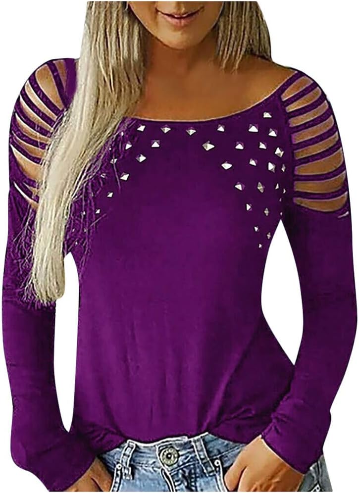 Moent Sales Plus Women Fashion Neck Hollow-Out Studded Long Sleeve T Shirts Casual Tops, Tops for Women UK Size Autumn Winter Blouse