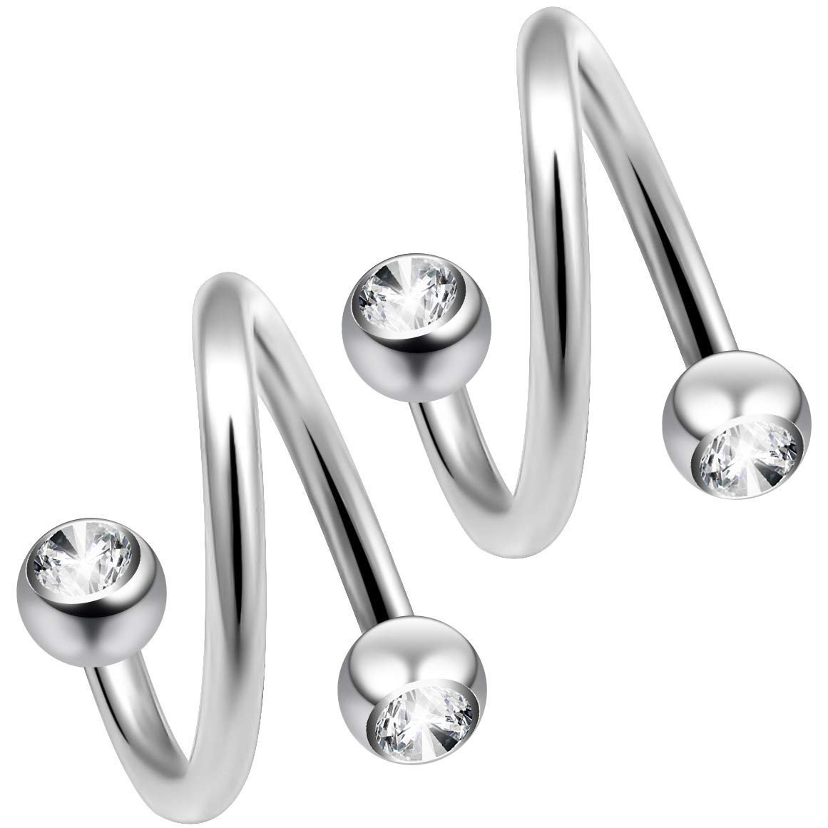 2pc Twisted Barbell 1.2mm 16g Piercing Earrings Helix Cartilage Twist 316LVM Surgical Steel Daith Spiral Navel Bar Banana Button Ring Navel Gauge Twister Body Jewellery Cubic Zirconia CZ 8mm